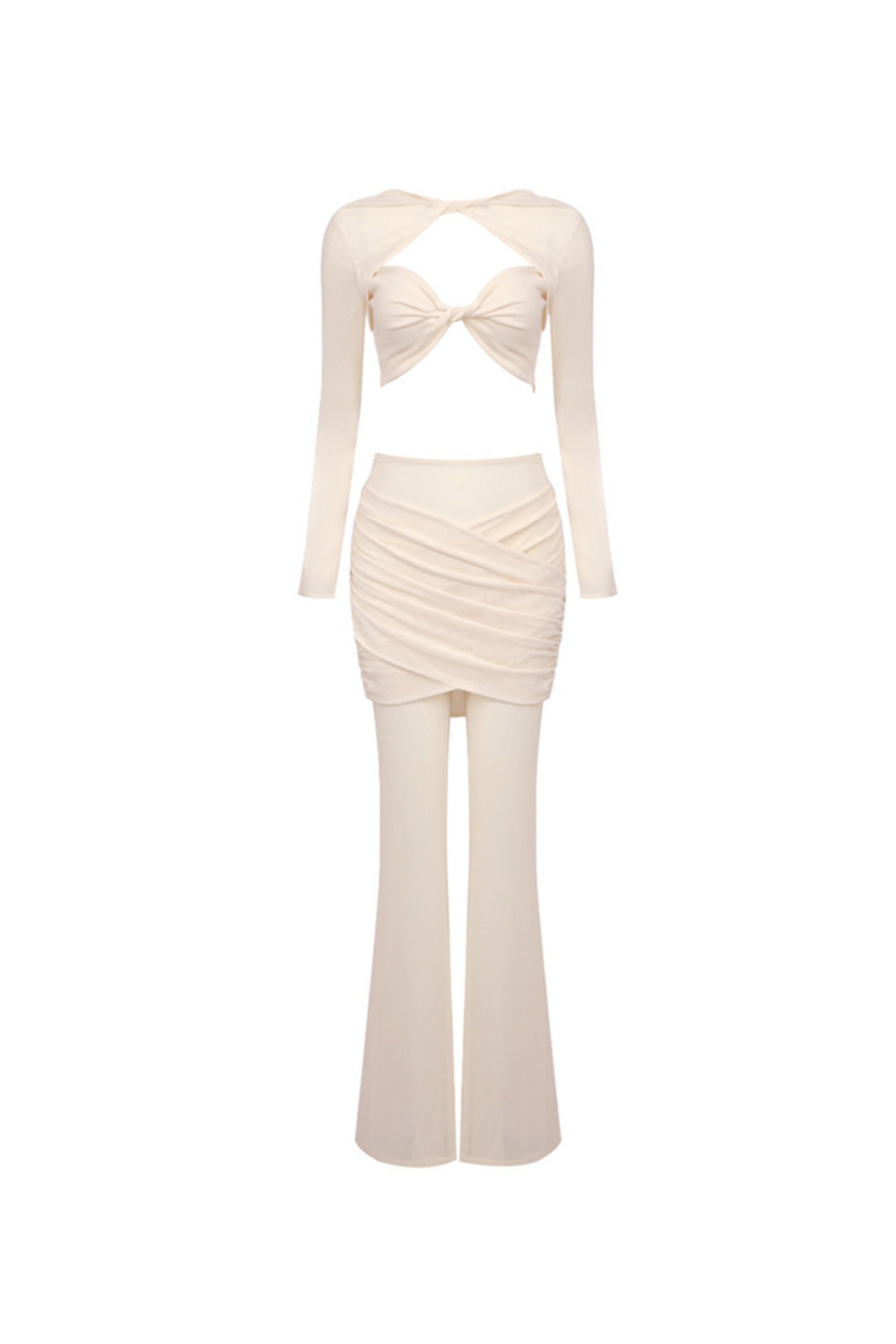 Flowering Girl Women Long Sleeve Draped Two Piece Jumpsuit Nude