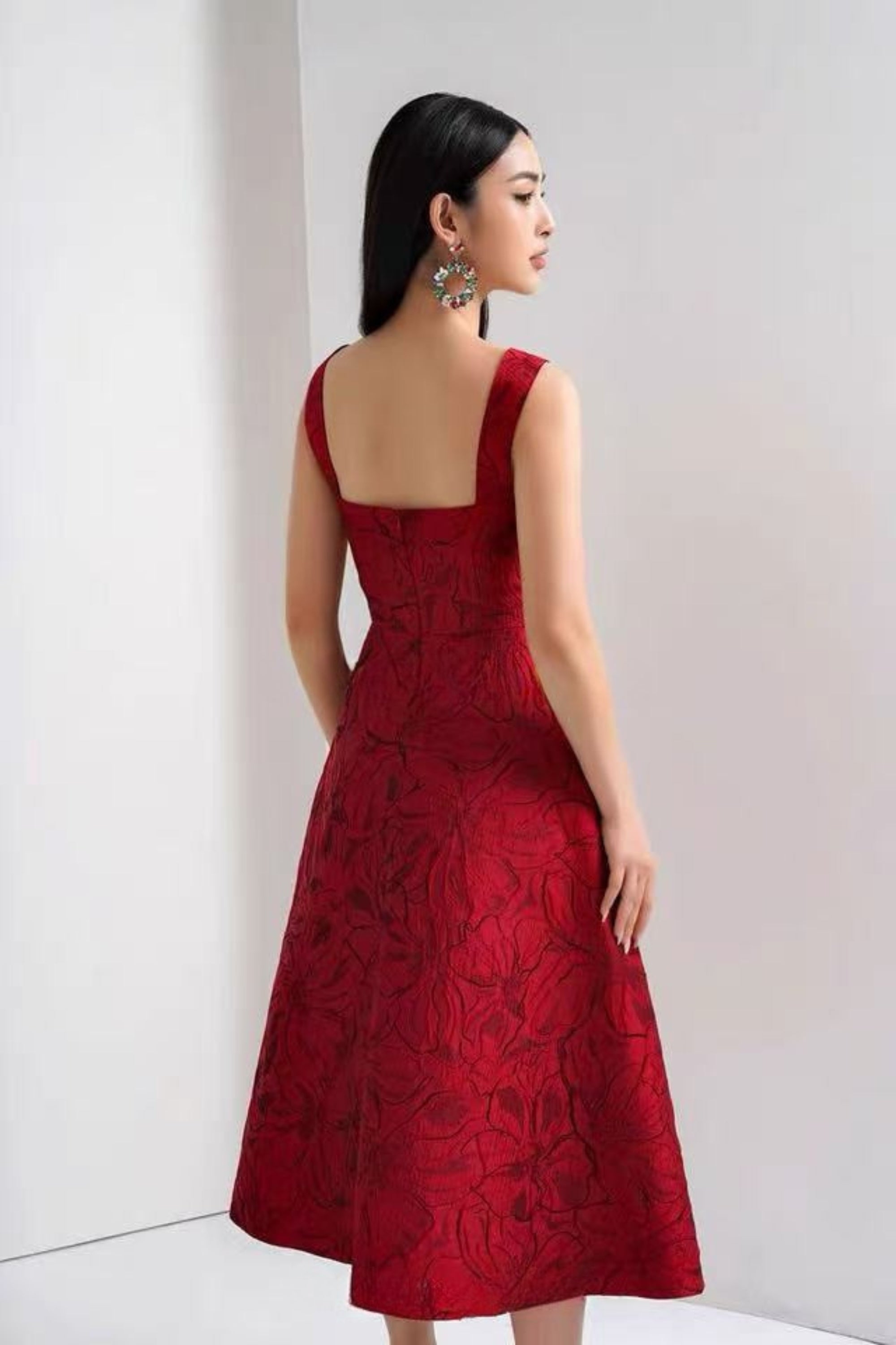 Burgundy Jacquard Camisole Midi Dress