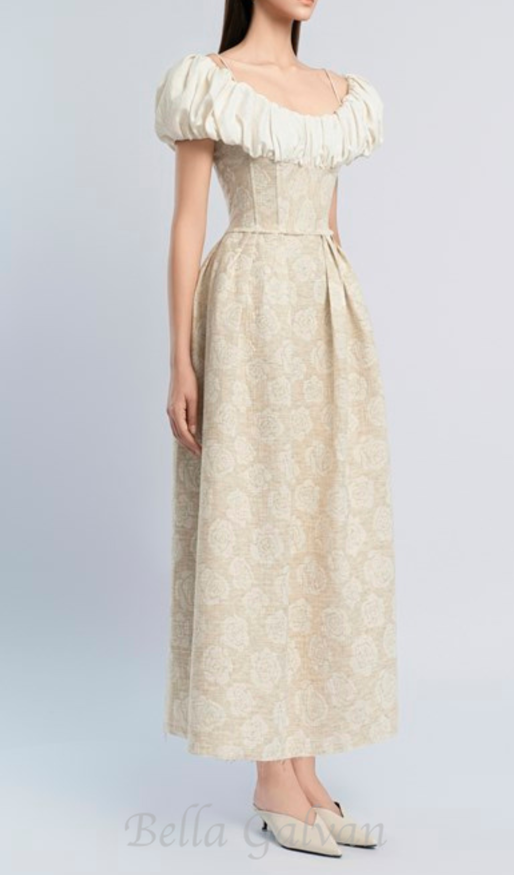 Flowering Girl Women boat neck corset maxi dress in beige