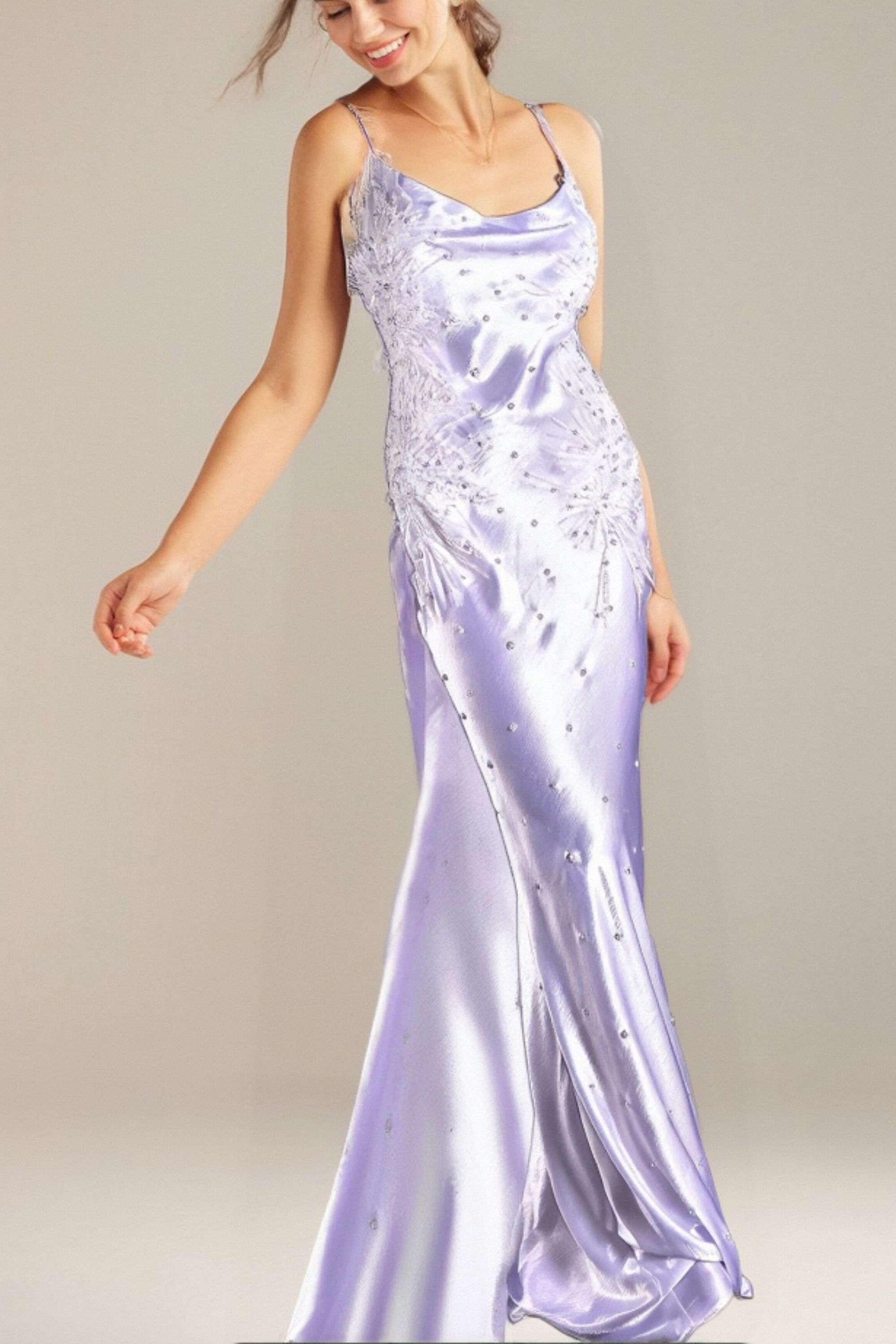 Flowering Girl Women White Alanides Bead Applique Satin Dress