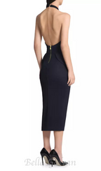 Flowering Girl Women Rise Textured Halter Midi Dress in black
