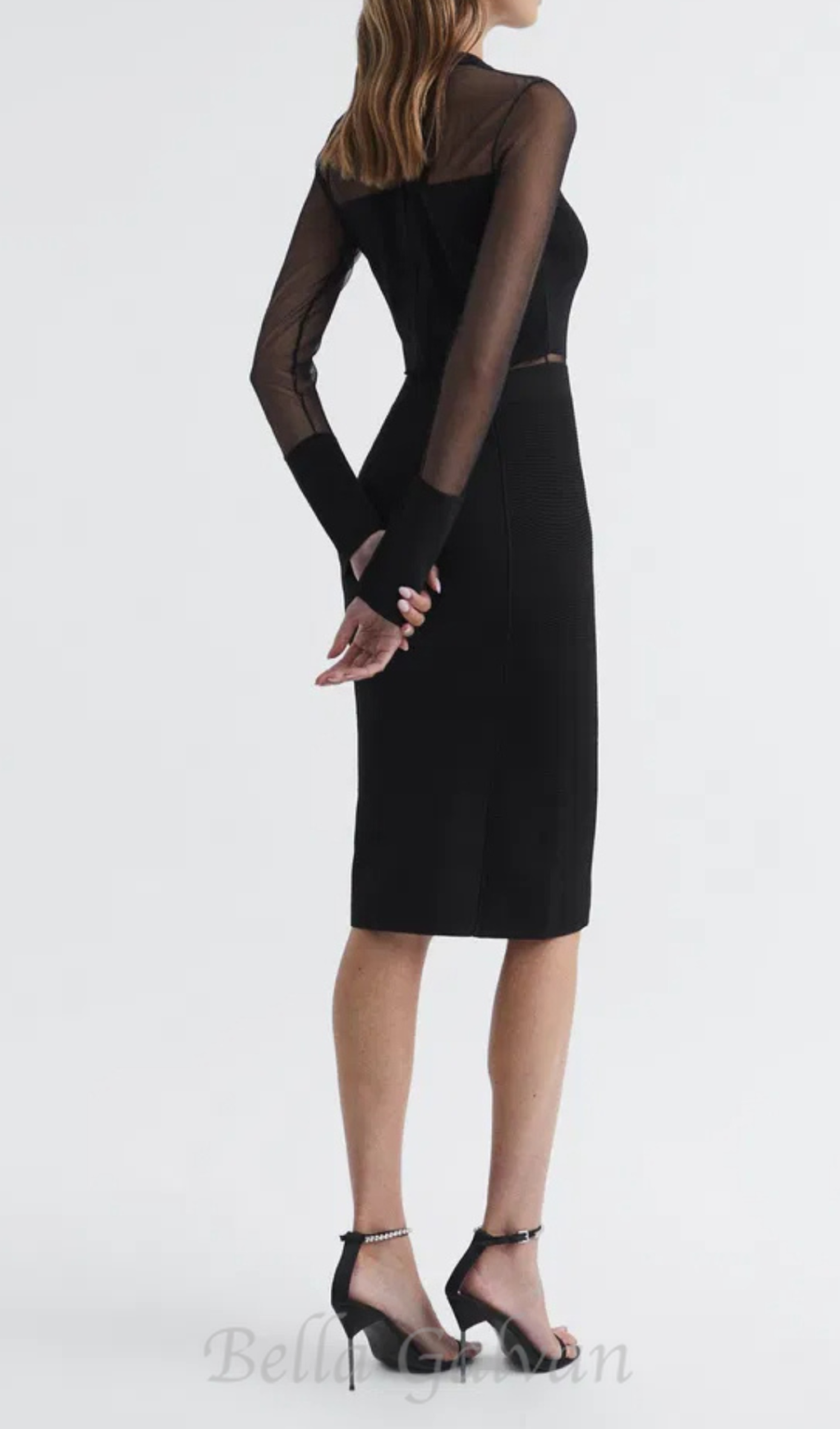 Flowering Girl Women lyla knitted sheer sleeve midi dress in black