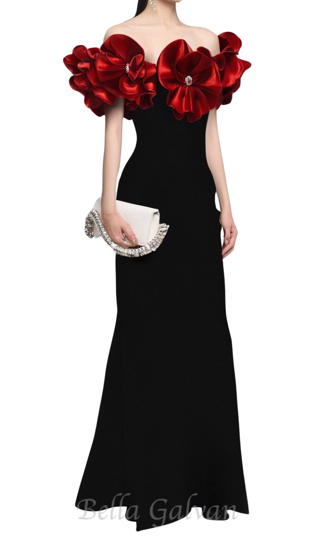 red flower embellished strapless Bandage maxi dress