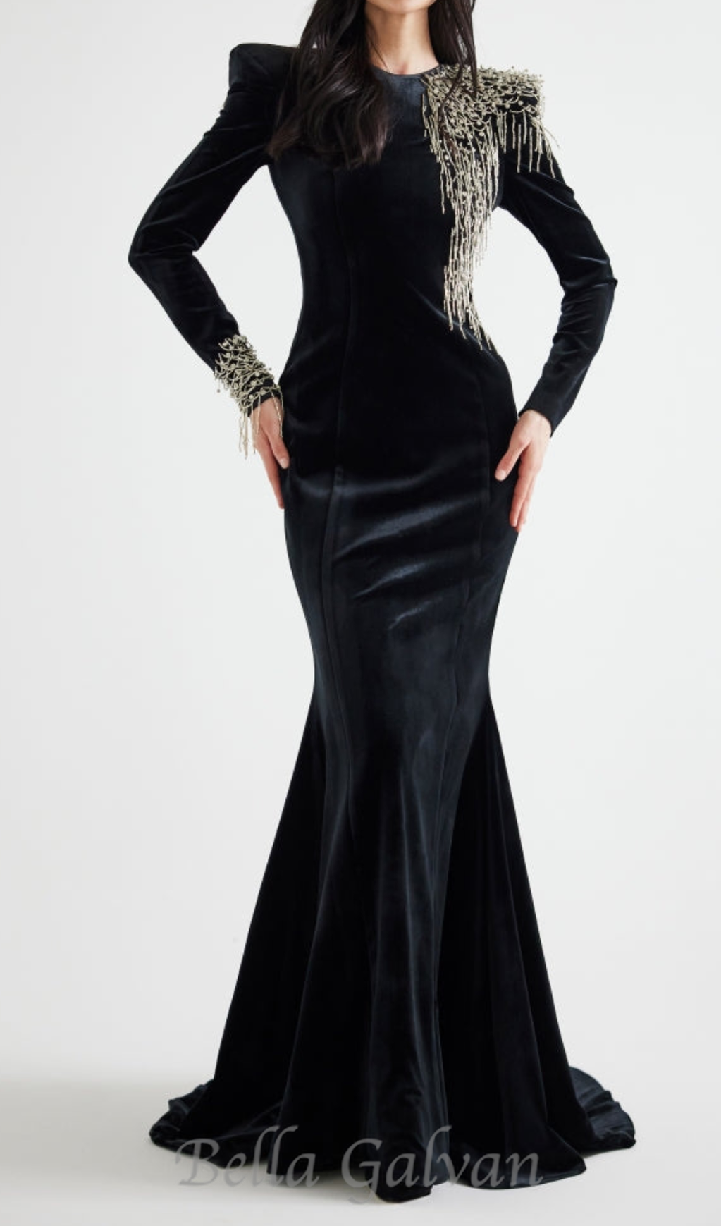 Flowering Girl Women embroidered velvet maxi dress in black