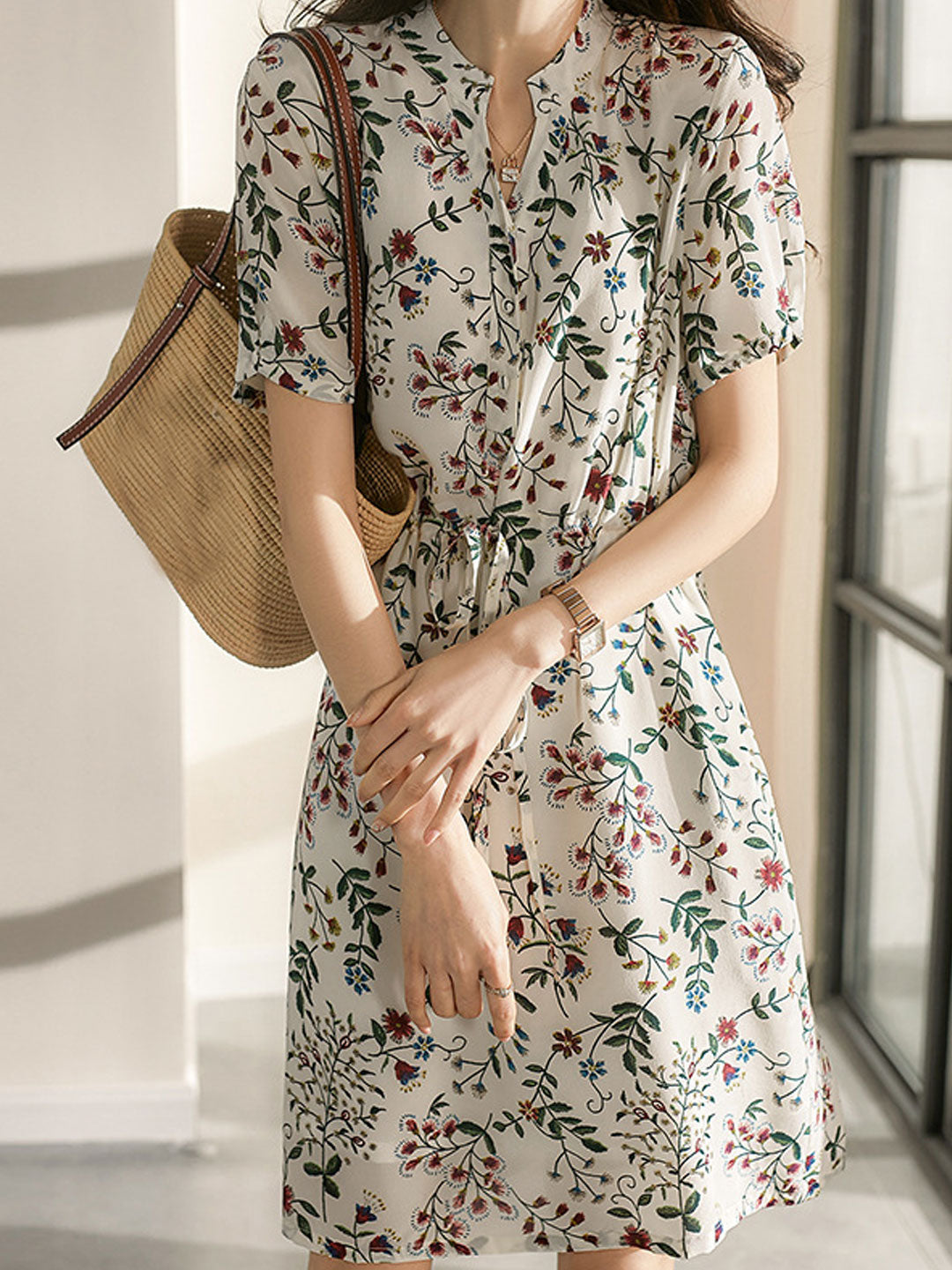 Flowering Girl Women sabrina V-Neck Printed Drawstring Chiffon Dress