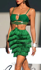 Flowering Girl Women GREEN RHINESTONE CUTOUT FRINGE DRESS