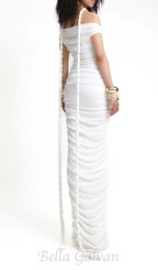 Flowering Girl Women cara white off-shoulder ruched bodycon maxi dress with rope embellished
