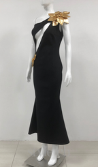 Flowering Girl Women Eunice Gold 3D Flower Cut Out Black Maxi Dress