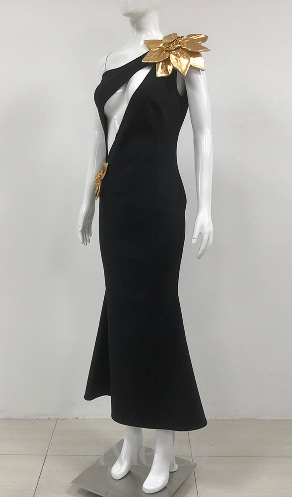 Flowering Girl Women Eunice Gold 3D Flower Cut Out Black Maxi Dress
