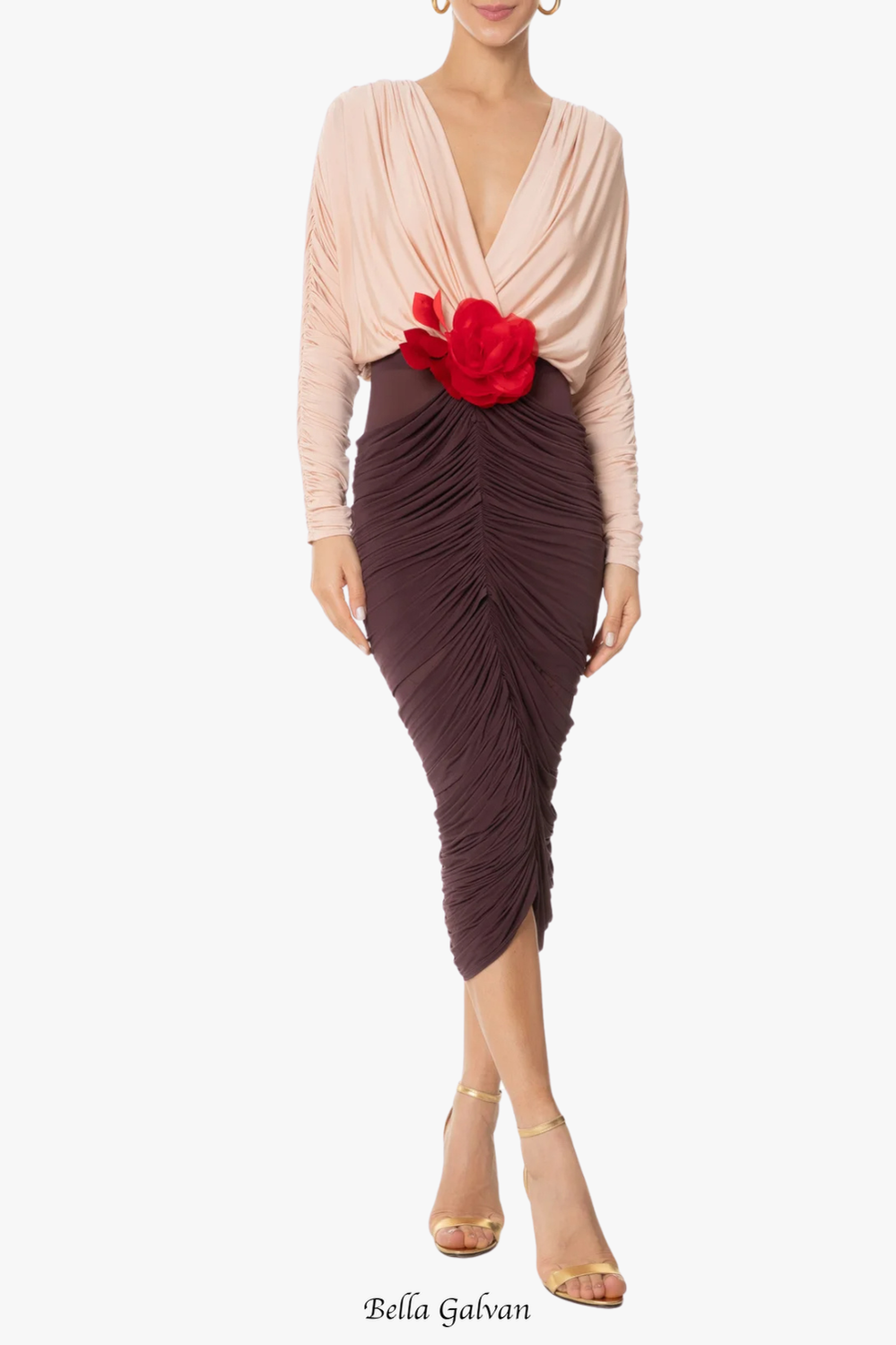 Flowering Girl Women Long Sleeve Two-Tone pleated Midi Dress in Brown