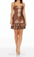 Flowering Girl Women Bronze Flare Mini Dress with Ruffled Hem