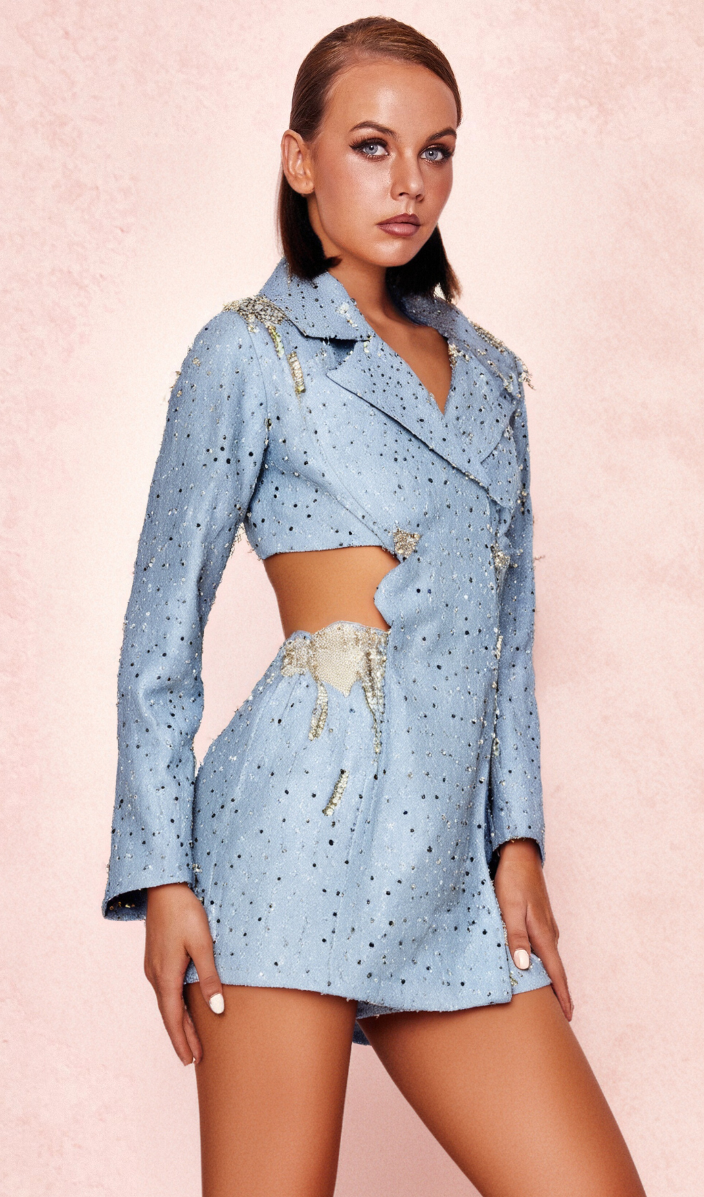Flowering Girl Women BERTHA PEARL CUTOUT TUXEDO BLAZER DRESS IN BLUE
