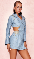 Flowering Girl Women BERTHA PEARL CUTOUT TUXEDO BLAZER DRESS IN BLUE