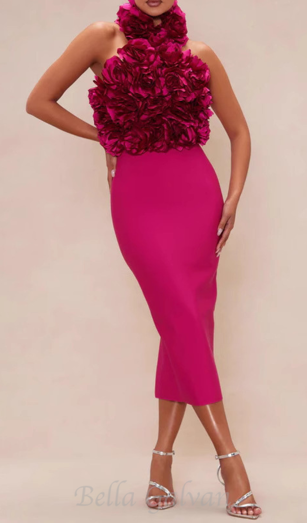 Flowering Girl Women flower bandage midi dress in hot pink