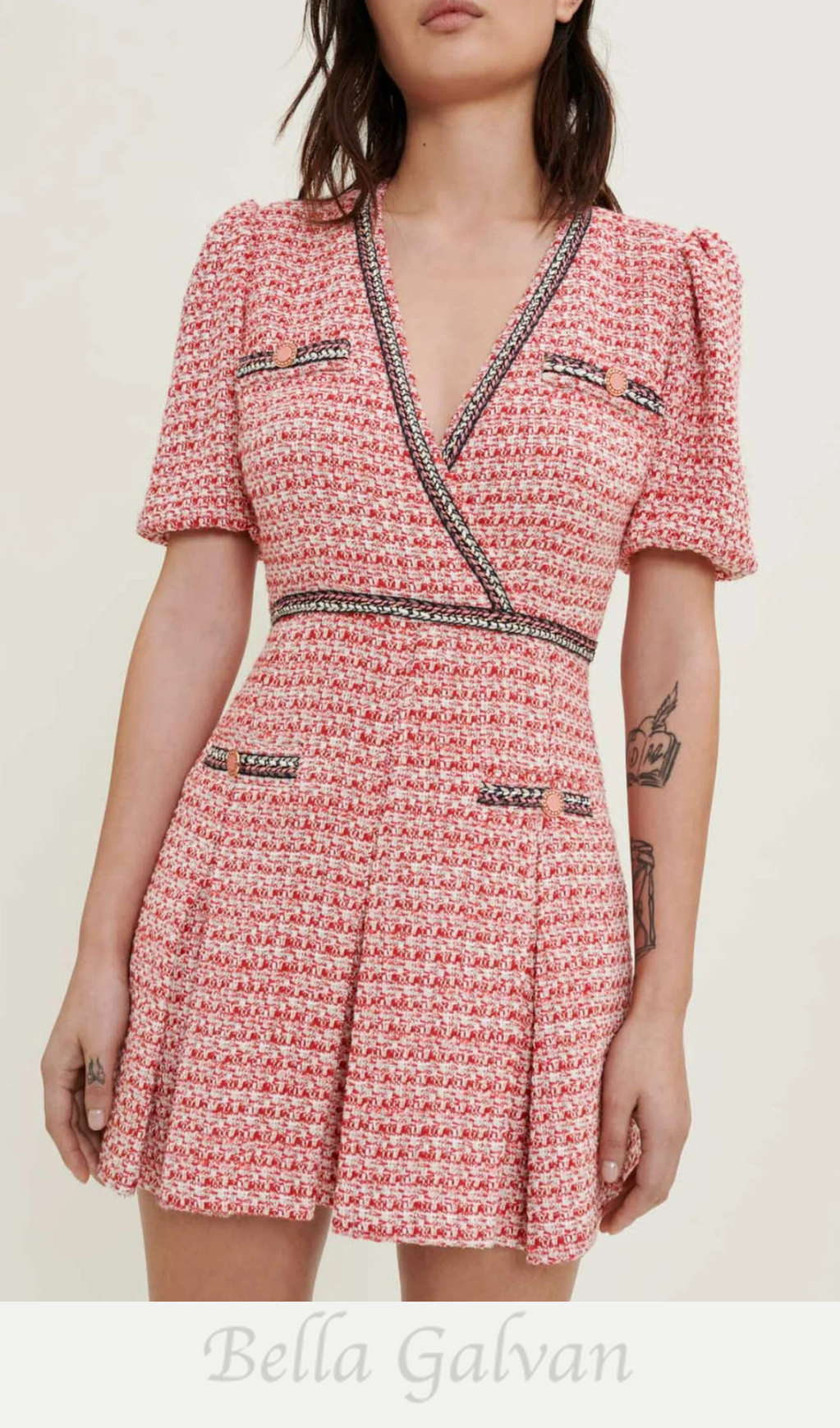 Flowering Girl Women Tweed dress with ethnic trim in pink