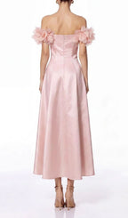 Sylven Off Shoulder Flower Satin Maxi Dress