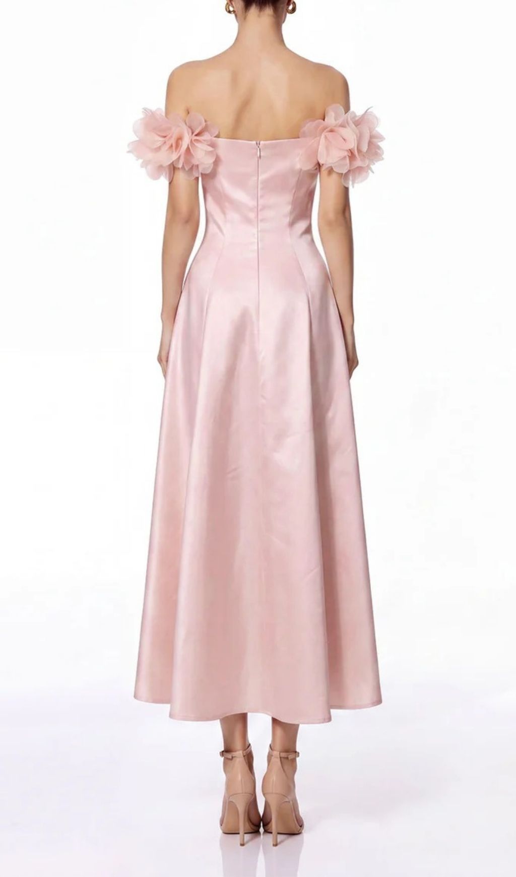 Sylven Off Shoulder Flower Satin Maxi Dress