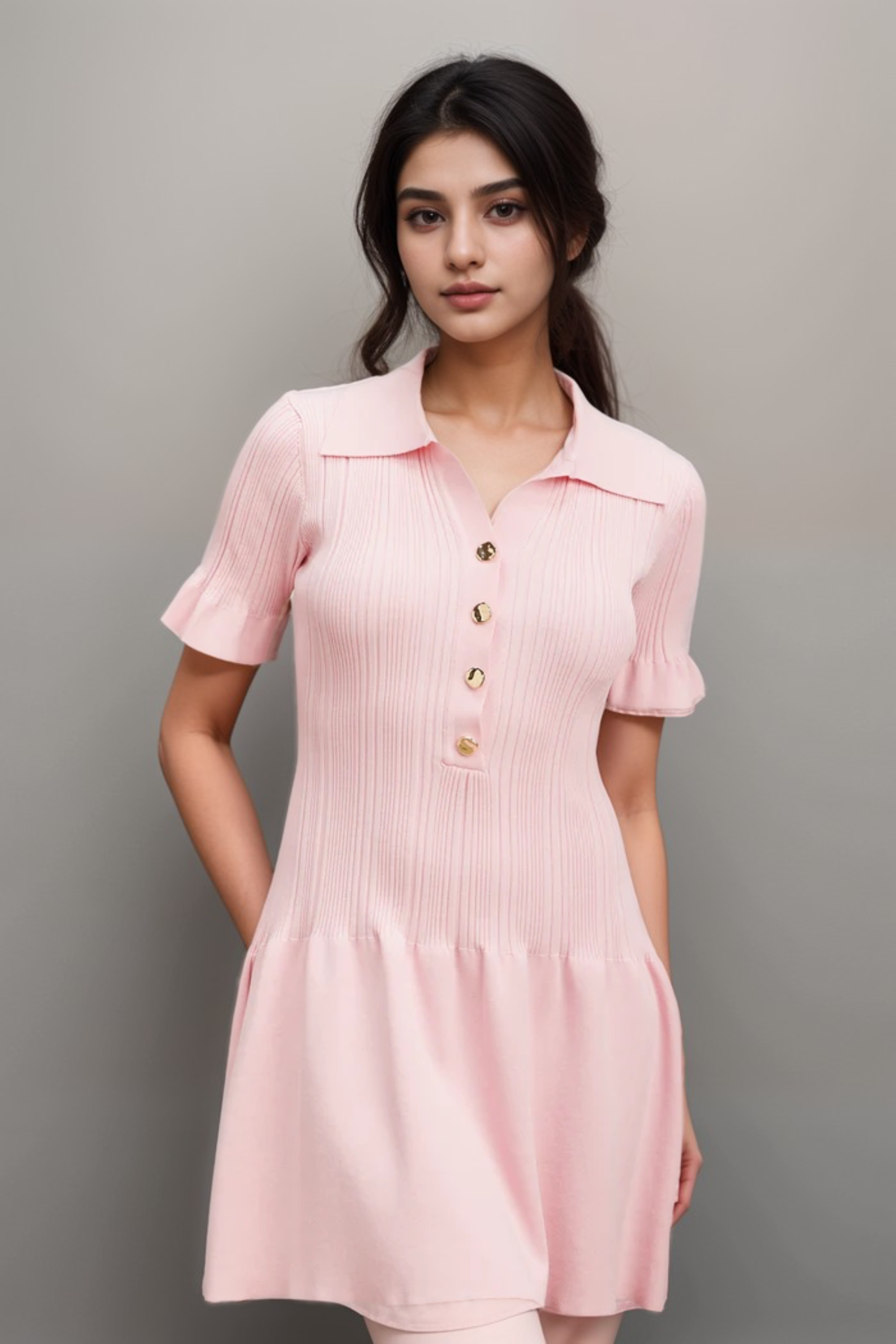 Flowering Girl Women Nolwenn Pink Flared Fine-Knit Mini Dress