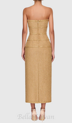 Flowering Girl Women Elborno Gold Embellished Strapless Midi Dress
