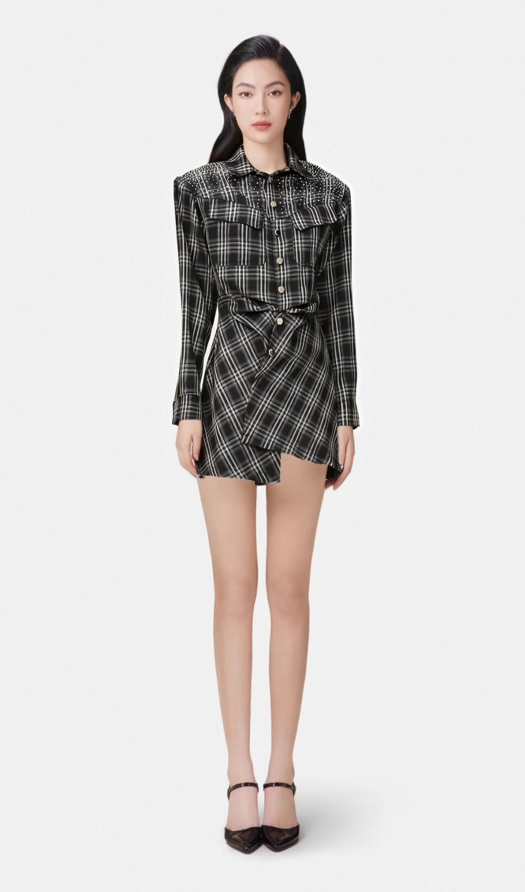 Flowering Girl Women Jeannette black studded check mini shirt dress