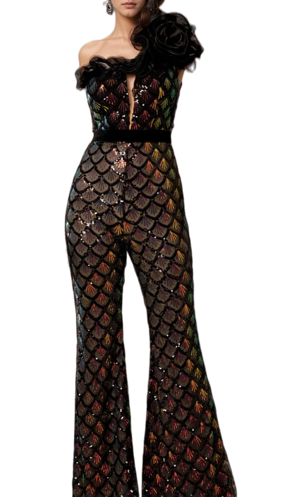 Flowering Girl Women Mermaid Scale Floral One-Shoulder Sequin Jumpsuit