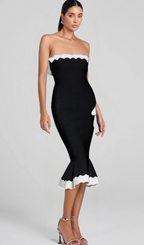 Flowering Girl Women STRAPLESS BANDAGE BODYCON MIDI DRESS IN BLACK