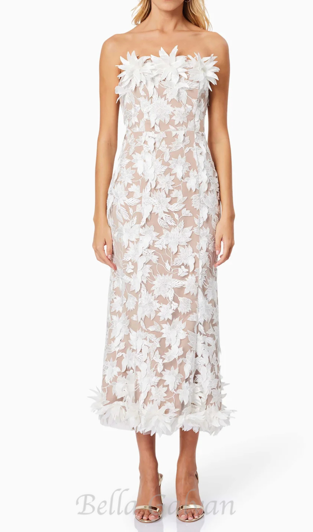 Flowering Girl Women 3D flower embroidery strapless midi dress in beige