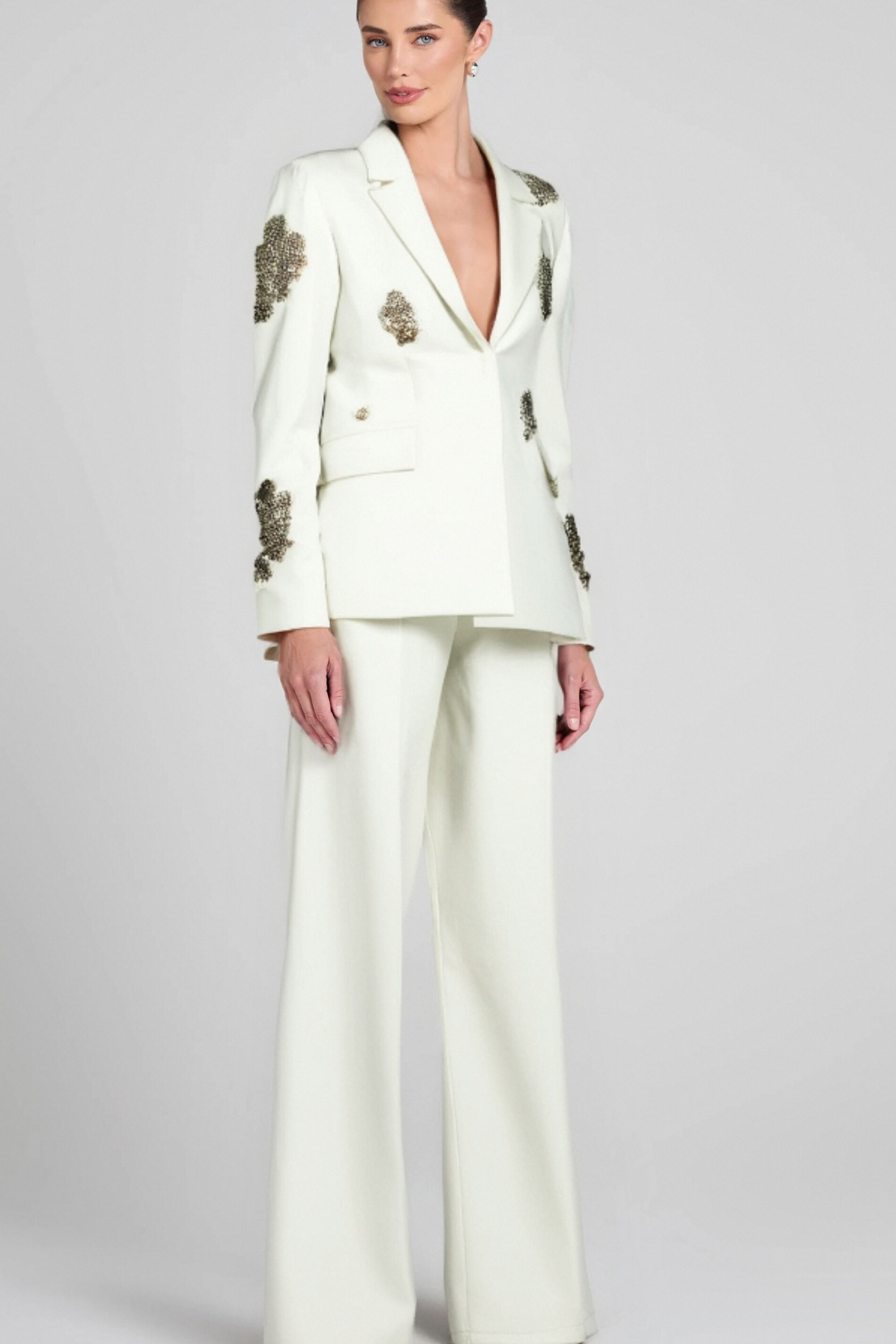 Flowering Girl Women Winee Rhinestones Embellished Blazer Set White