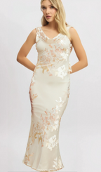 Flowering Girl Women Yolanda beige floral-jacquard midi dress