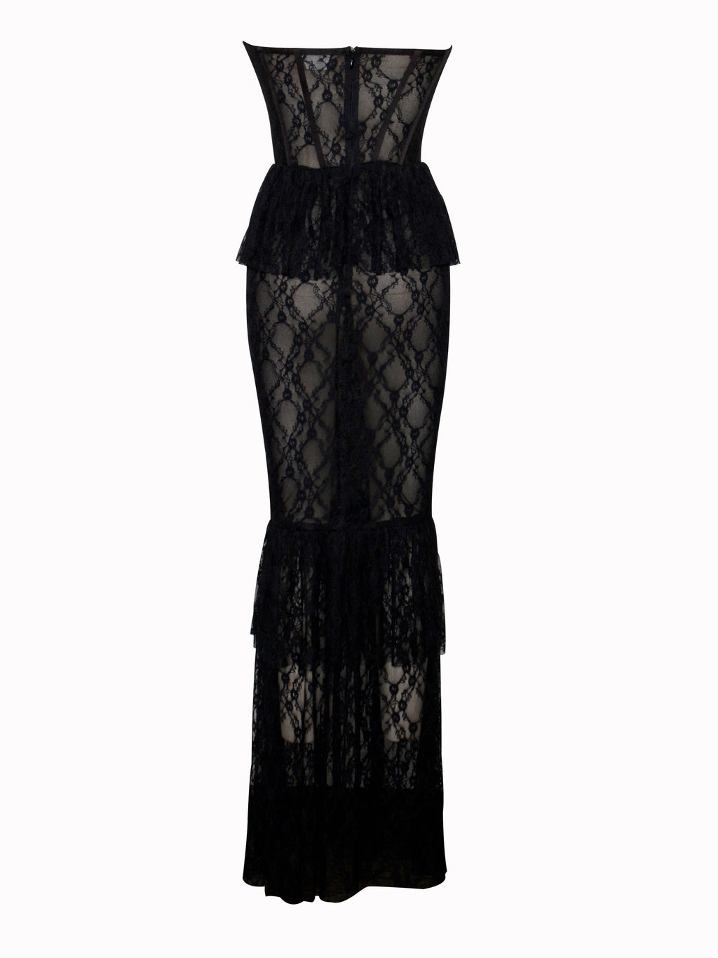 zenobia Black Lace strapless Corset Maxi Dress