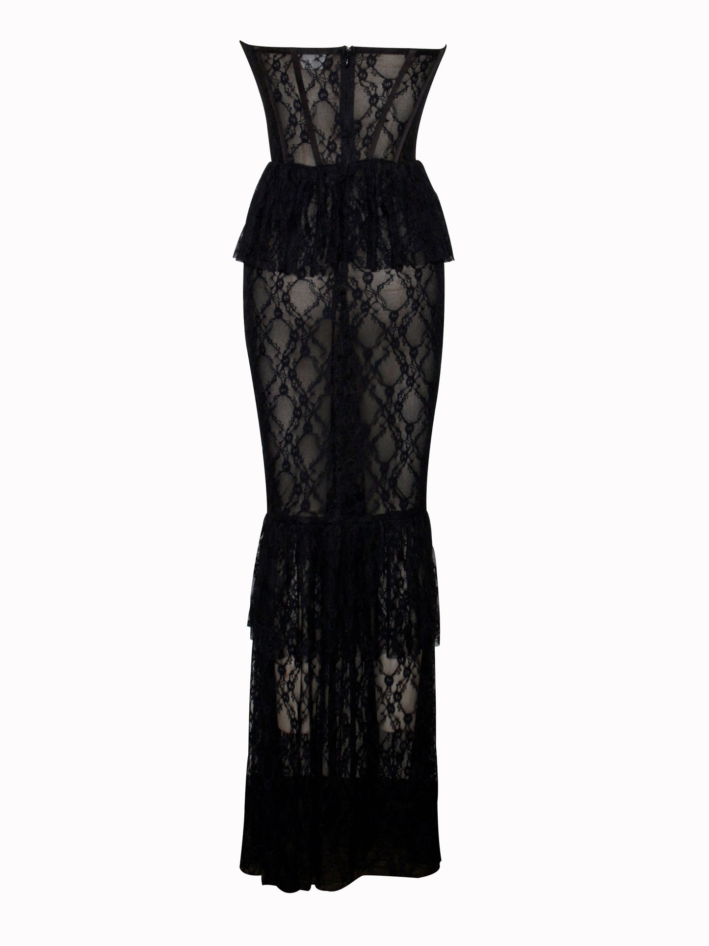 zenobia Black Lace strapless Corset Maxi Dress