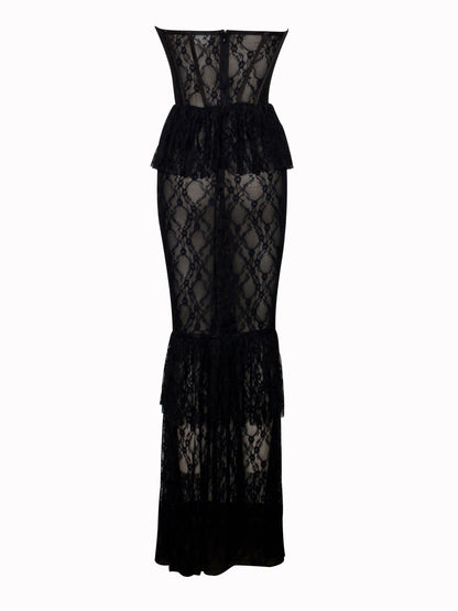 zenobia Black Lace strapless Corset Maxi Dress