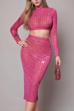 Flowering Girl Women EMBELLISHED SPLIT MESH SKIRT SET IN HOT PINK