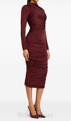 Flowering Girl Women Diamond embellished pleated Midi Dress in merlot