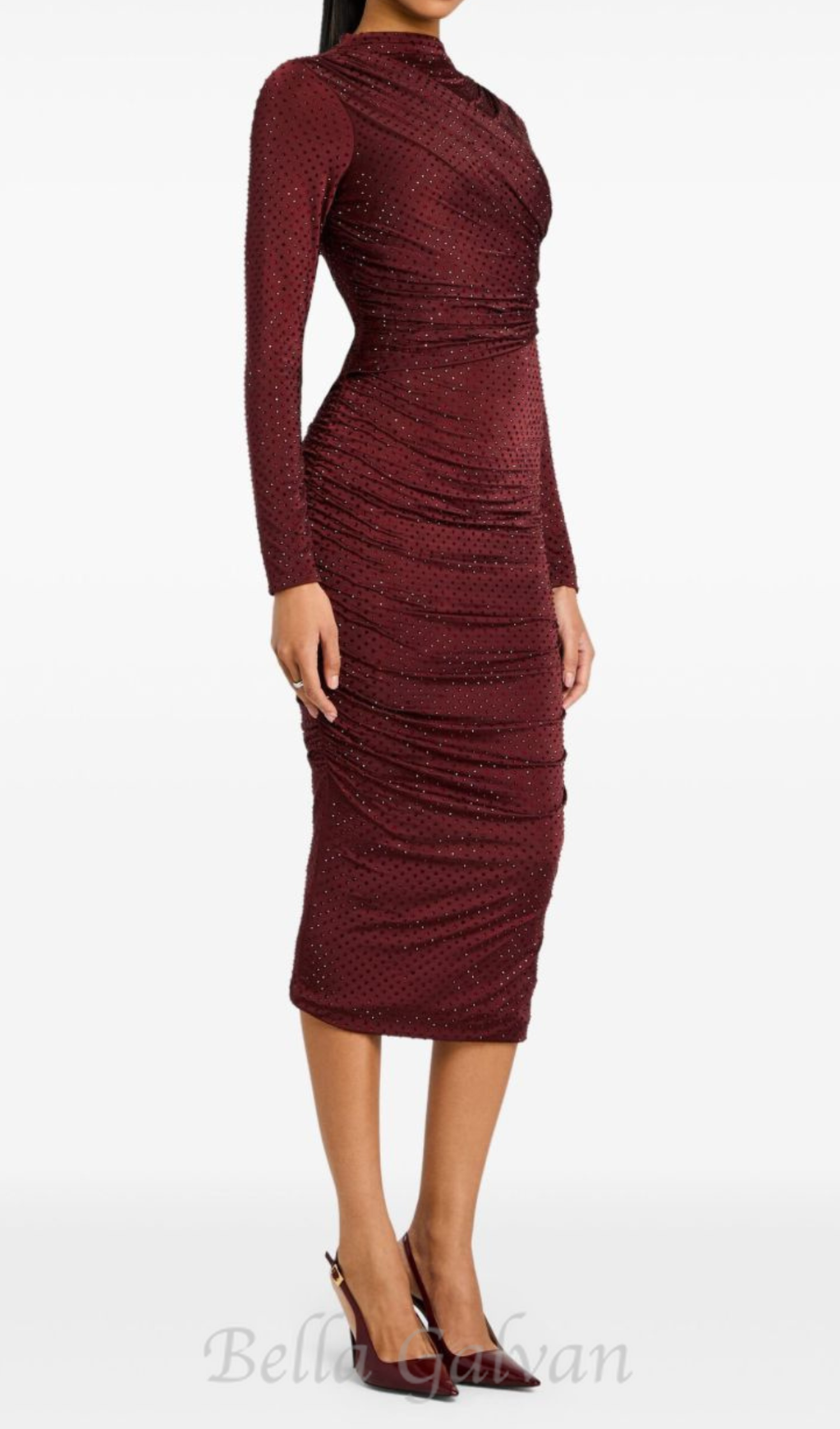 Flowering Girl Women Diamond embellished pleated Midi Dress in merlot