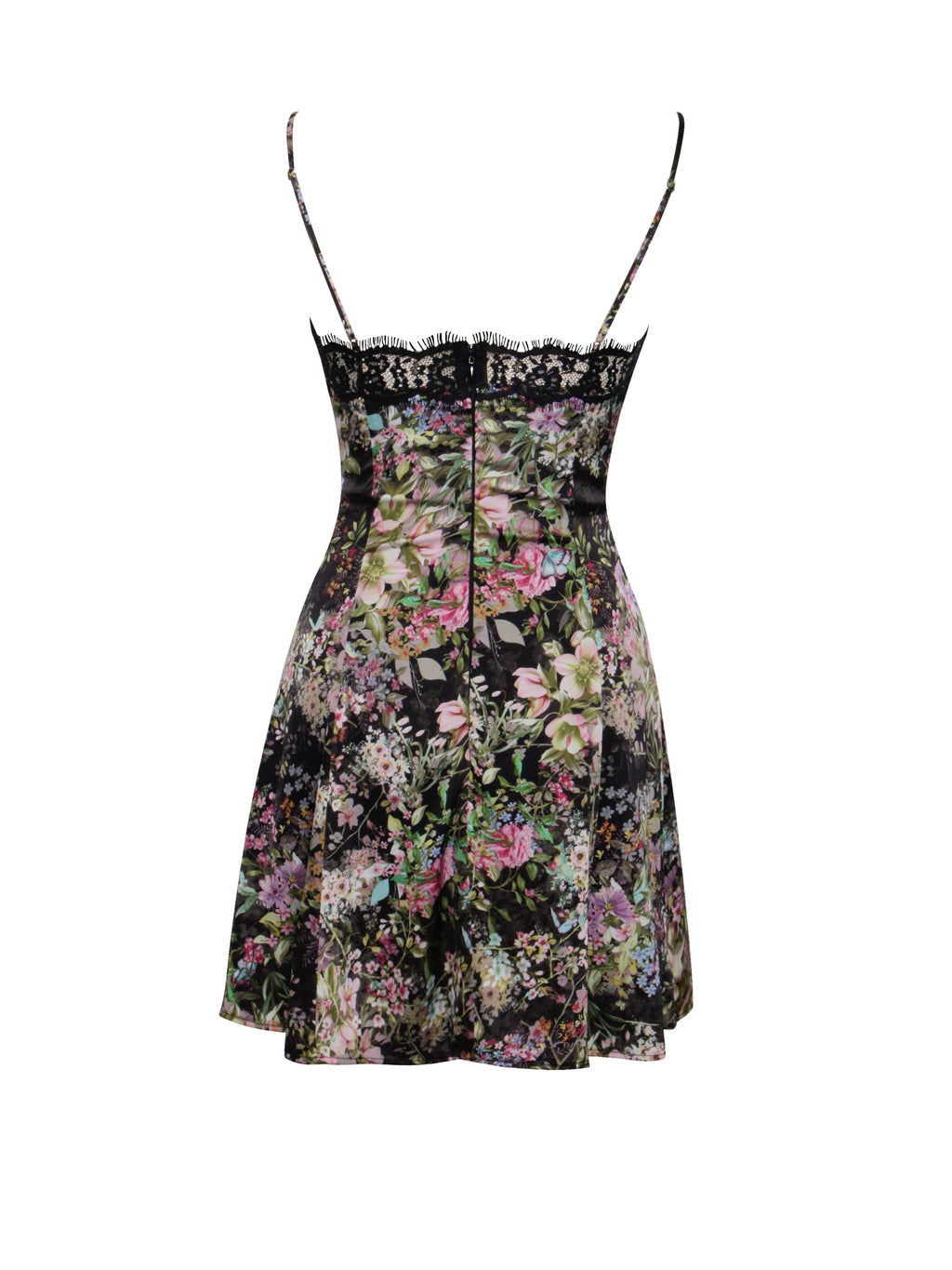 Flowering Girl Women Floral Print Satin Mini Dress With Lace Trim