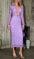Flowering Girl Women LONG SLEEVE RHINESTONE CUTOUT MESH DRESS