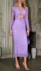 Flowering Girl Women LONG SLEEVE RHINESTONE CUTOUT MESH DRESS