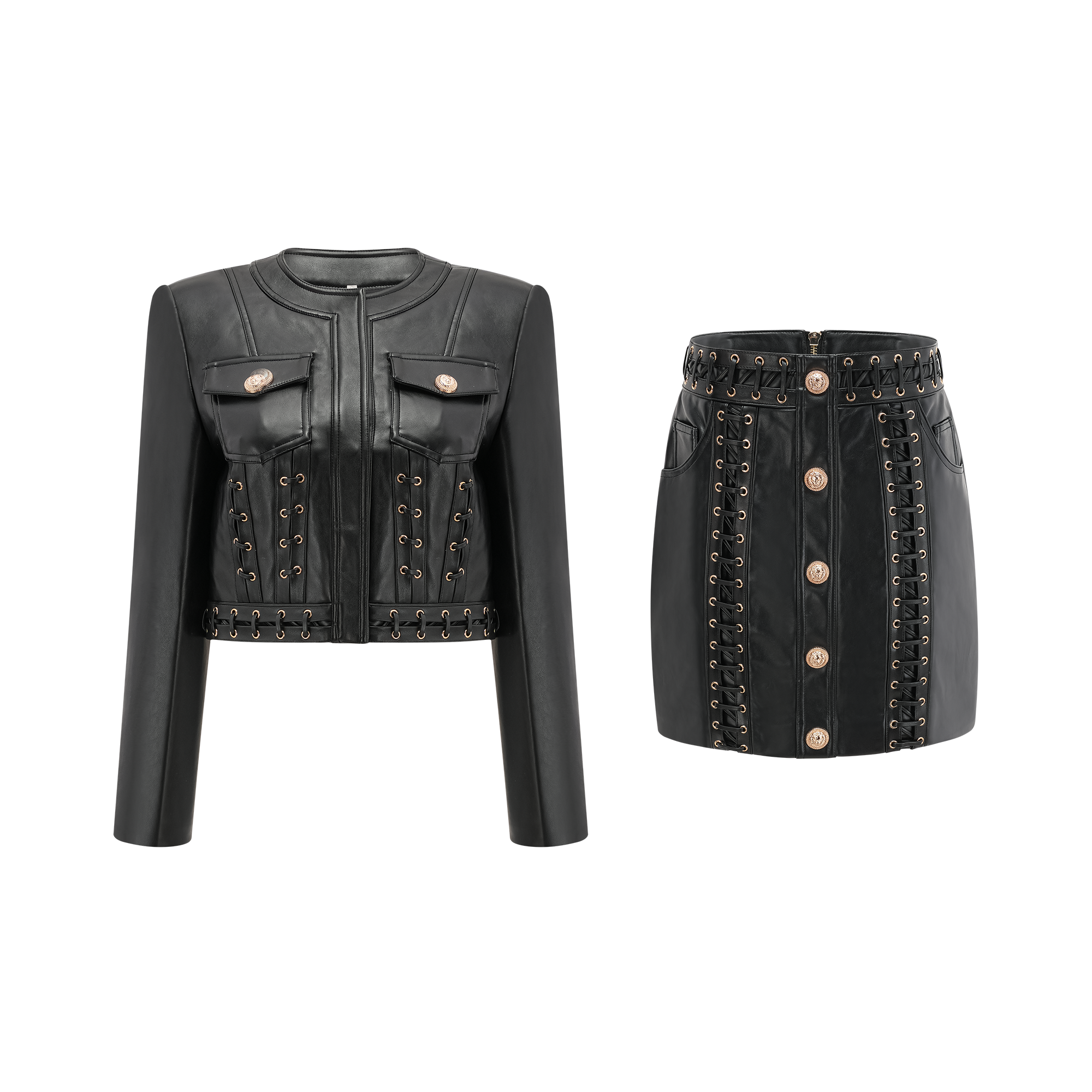 Flowering Girl Women Daphné Eyelet-Embellished Leather Jacket & Skirt Matching Set