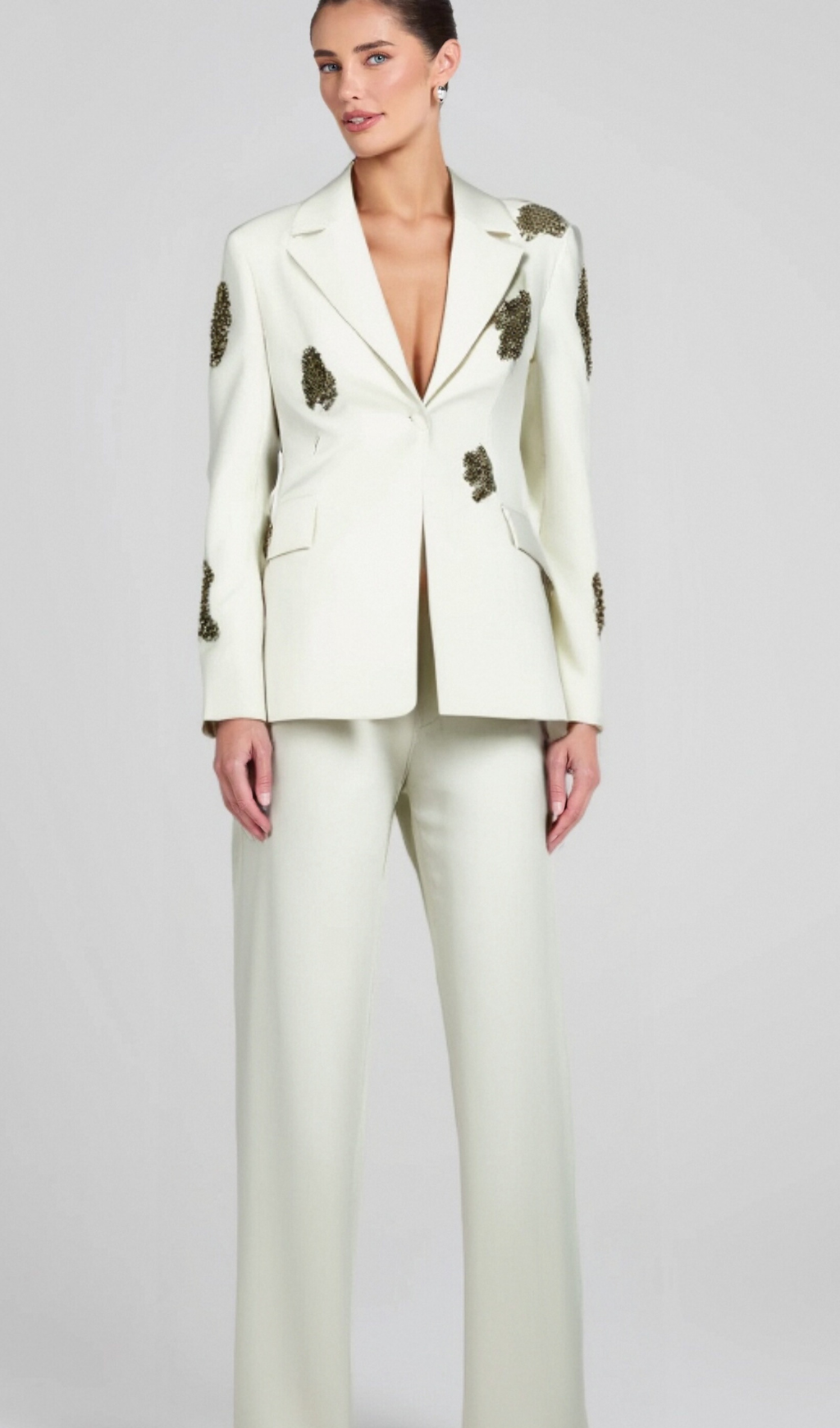 Flowering Girl Women Winee Rhinestones embellished Blazer Set White