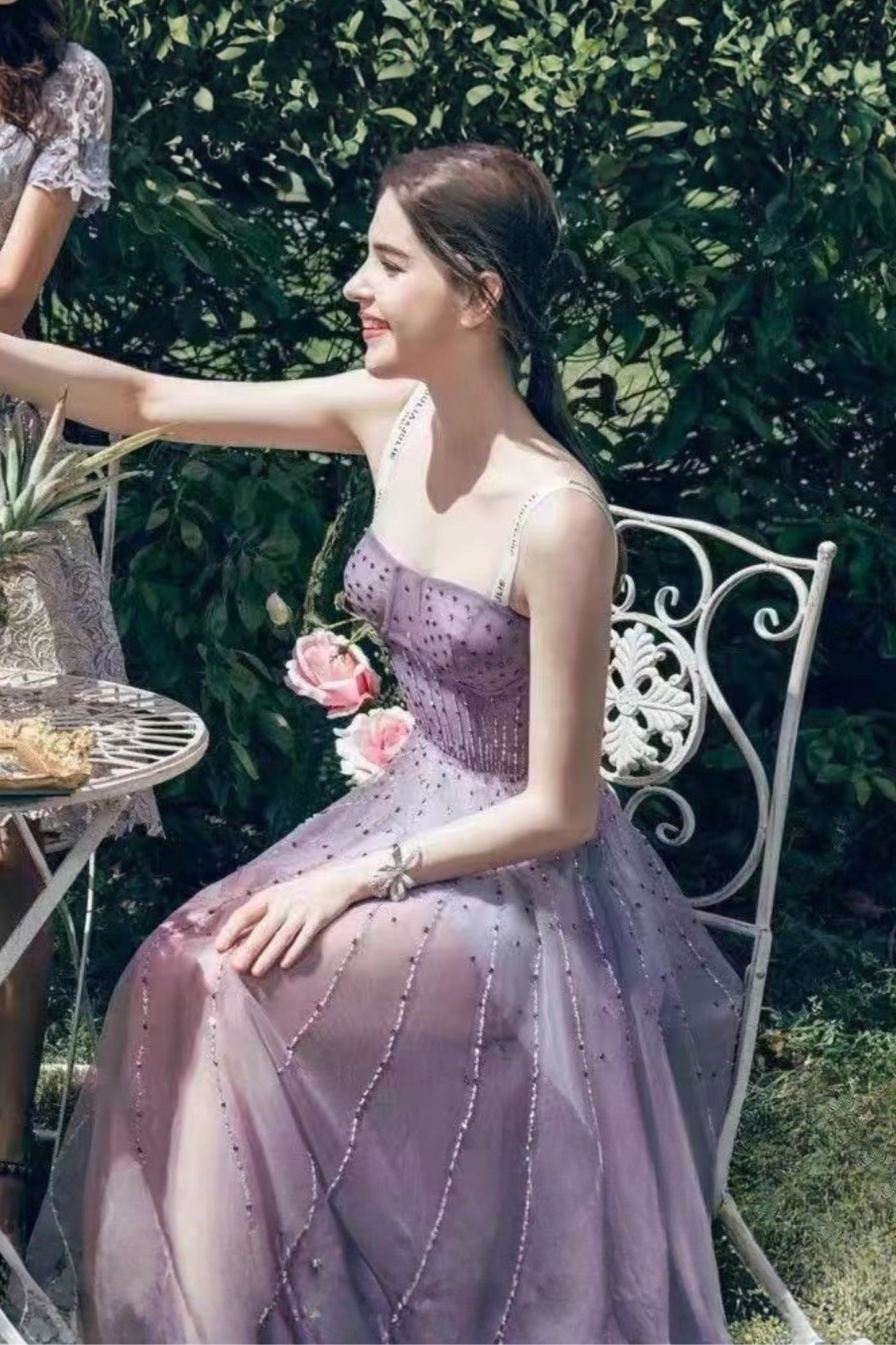 embellished tulle corset maxi dress in purple