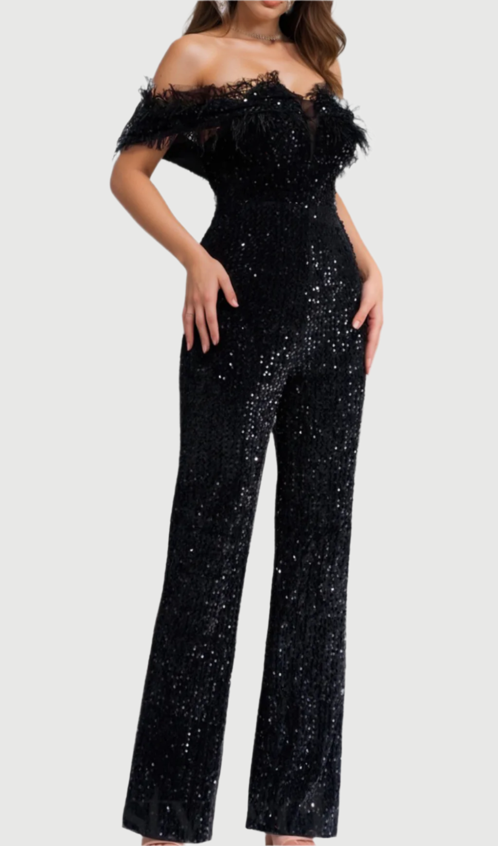 Flowering Girl Women off-shoulder sequin jumpsuit in black