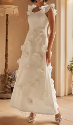 Flowering Girl Women Flower Ruffle Trim Strap Midi Dress In White