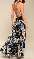 Flowering Girl Women Black Floral Print Lace-Up Maxi Dress