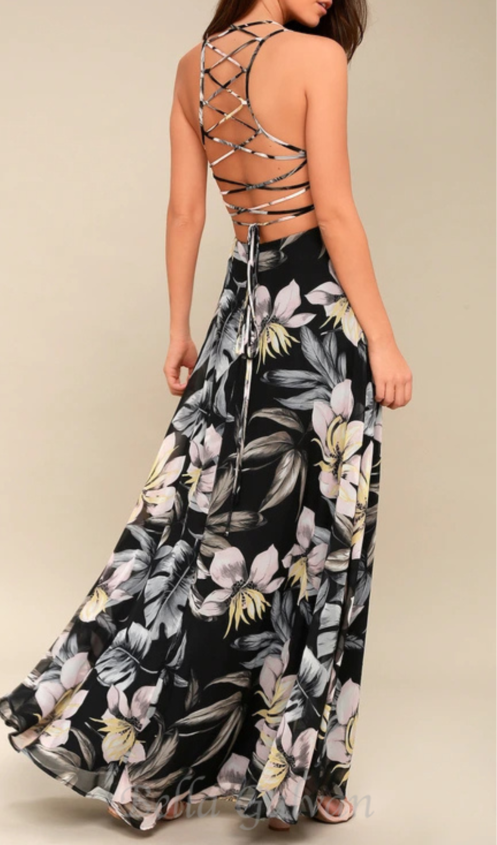 Flowering Girl Women Black Floral Print Lace-Up Maxi Dress