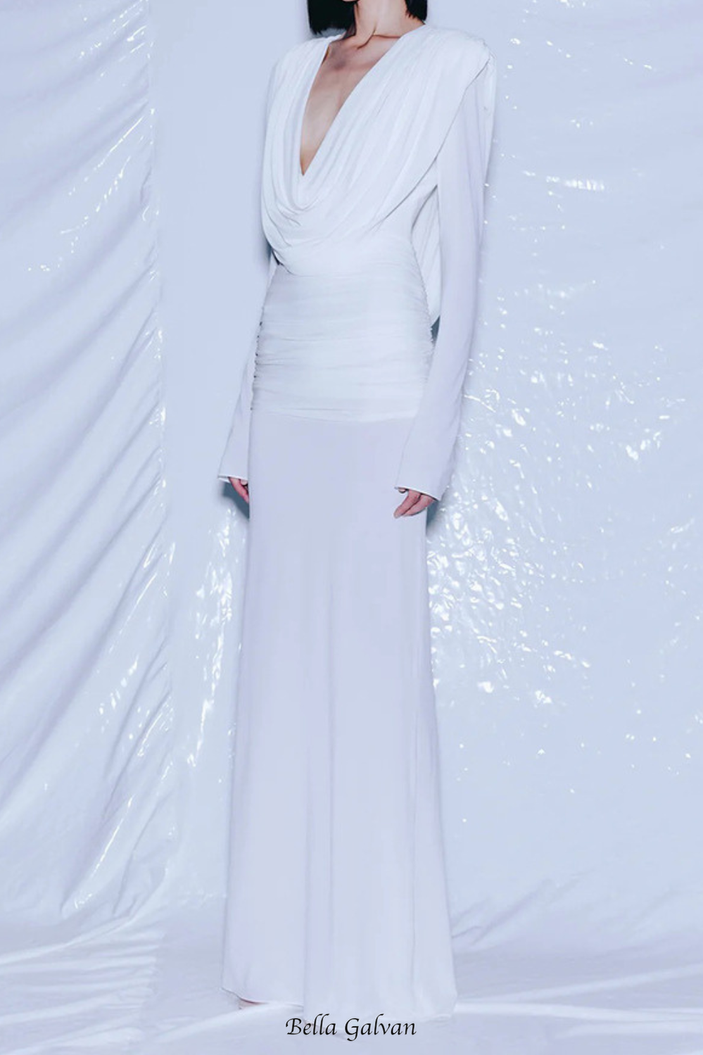 Flowering Girl Women long sleeve draped cowl neck maxi dress in white