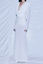 Flowering Girl Women long sleeve draped cowl neck maxi dress in white