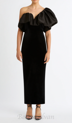 Flowering Girl Women One Shoulder Puff Sleeve maxi Dress in black