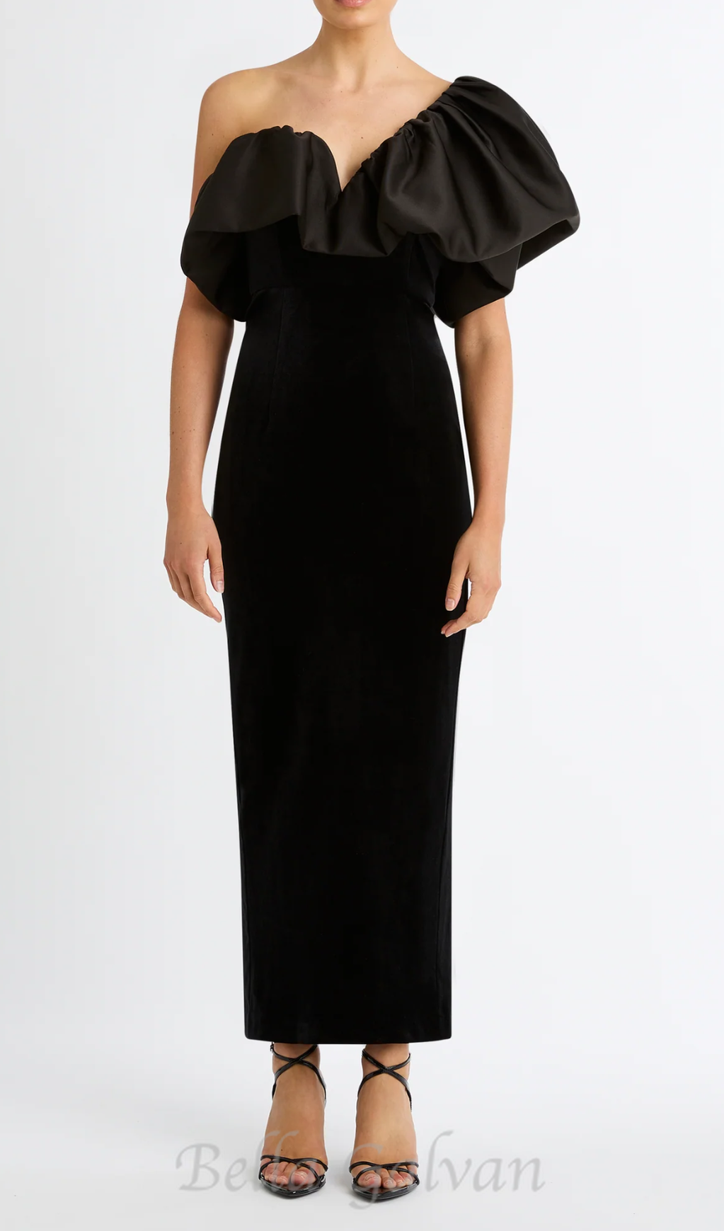 Flowering Girl Women One Shoulder Puff Sleeve maxi Dress in black