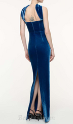 Flowering Girl Women josephine off-shoulder velvet sash gown in blue